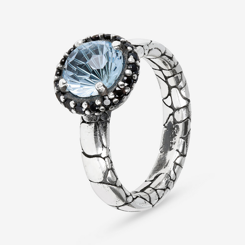 Anello Fedina Texture Sirena con Pietra Naturale e Pavé in Argento 925