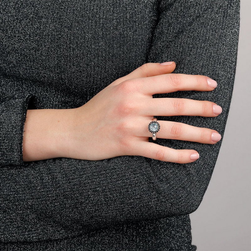 Anello Fedina Texture Sirena con Pietra Naturale e Pavé in Argento 925
