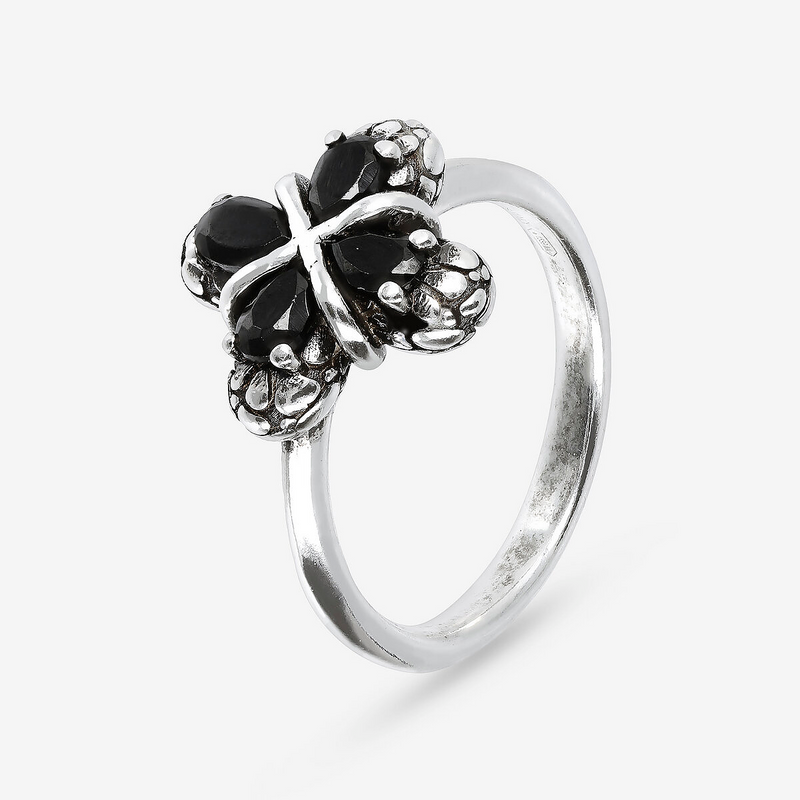 Anello Fedina Floreale con Spinello Nero e Texture Sirena in Argento 925