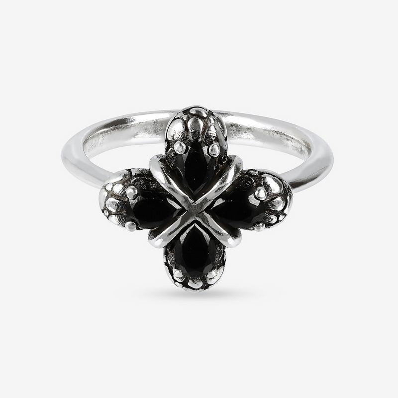 Anello Fedina Floreale con Spinello Nero e Texture Sirena in Argento 925