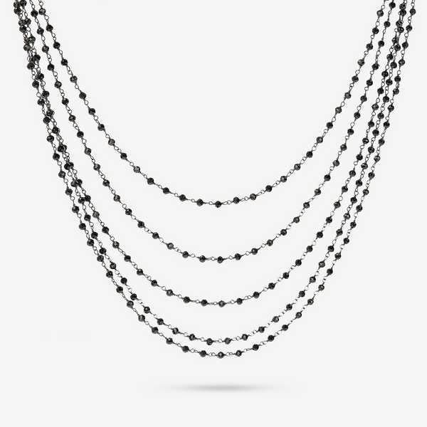 Collana Multifilo Rosario in Argento 925 placcato Rodio con Pietra Naturale Spinello Nero