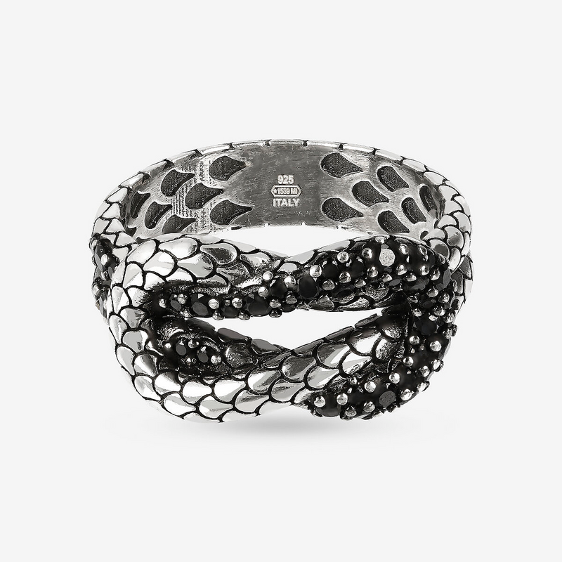 Anello Fedina Texture Sirena con Infinito e Pavé in Spinello Nero in Argento 925