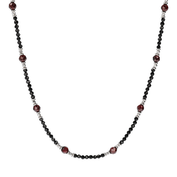 Collana in Pietra Naturale Sfaccettata Spinello Nero e Granato Rosso con Chiusura Texture in Argento 925 placcato Rodio