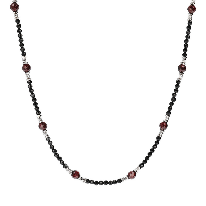 Collana in Pietra Naturale Sfaccettata Spinello Nero e Granato Rosso con Chiusura Texture in Argento 925 placcato Rodio