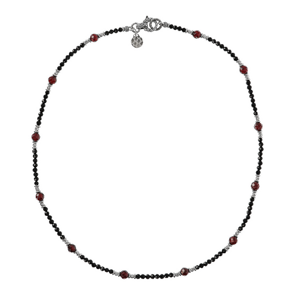 Collana in Pietra Naturale Sfaccettata Spinello Nero e Granato Rosso con Chiusura Texture in Argento 925 placcato Rodio