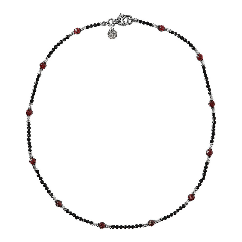 Collana in Pietra Naturale Sfaccettata Spinello Nero e Granato Rosso con Chiusura Texture in Argento 925 placcato Rodio