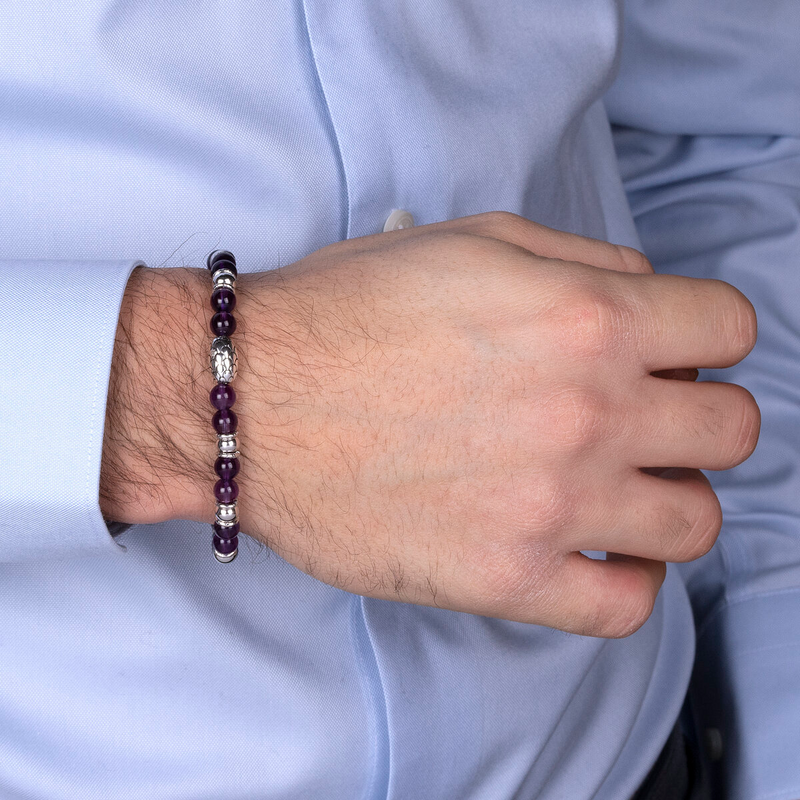 Bracciale Elastico con Elemento Texture Sirena e Pietra Naturale Ametista Viola in Argento 925