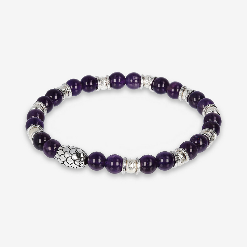 Bracciale Elastico con Elemento Texture Sirena e Pietra Naturale Ametista Viola in Argento 925