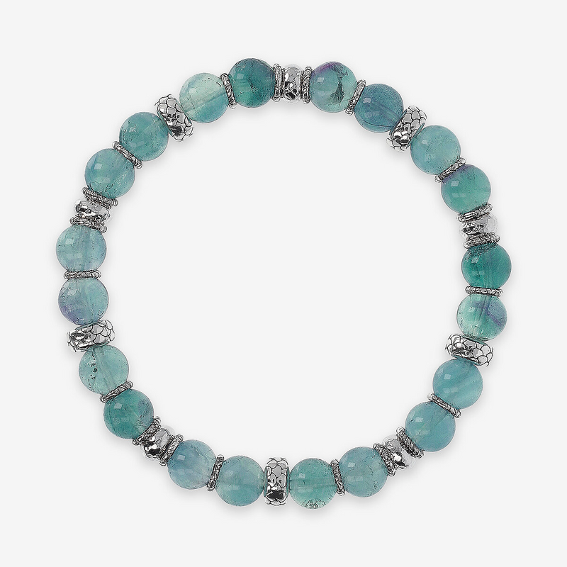 Bracciale Elastico con Rondelle Texture Sirena e Pietra Naturale Fluorite Verde in Argento 925