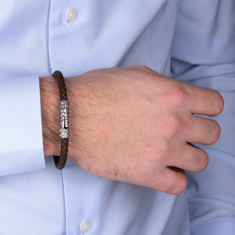 Bracciale Ecopelle ad Intreccio con Chiusura Texture in Argento 925