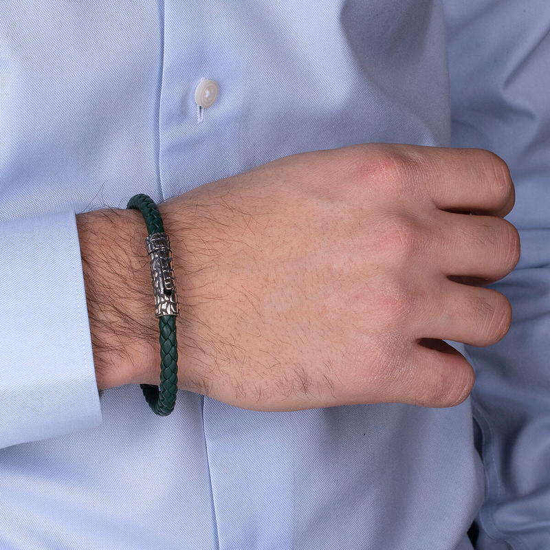 Bracciale Ecopelle ad Intreccio con Chiusura Texture in Argento 925