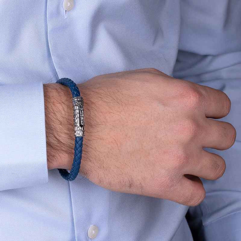 Bracciale Ecopelle ad Intreccio con Chiusura Texture in Argento 925