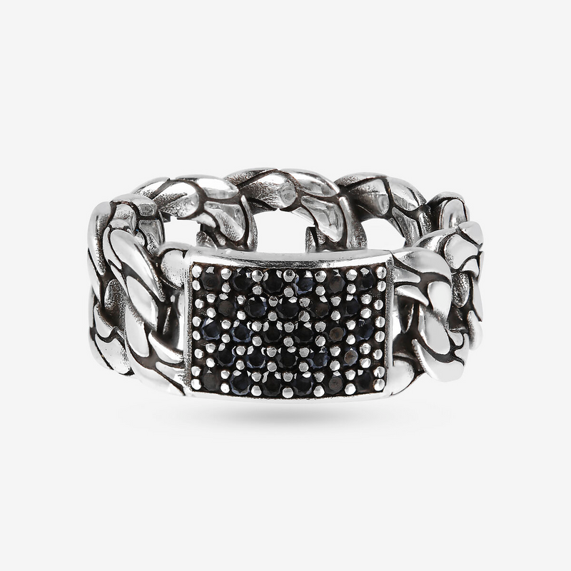 Anello a Fascia con Catena Grumetta Texture Sirena e Pavé in Spinello Nero in Argento 925