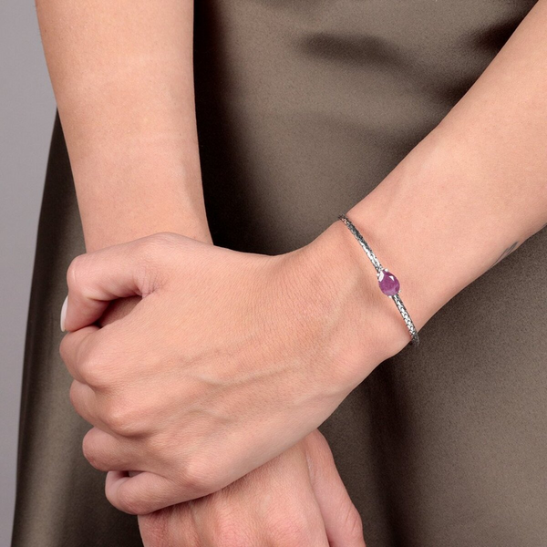 Bracciale Rigido in Argento 925 placcato Rodio Texture Sirena con Pietra Naturale a Forma di Goccia