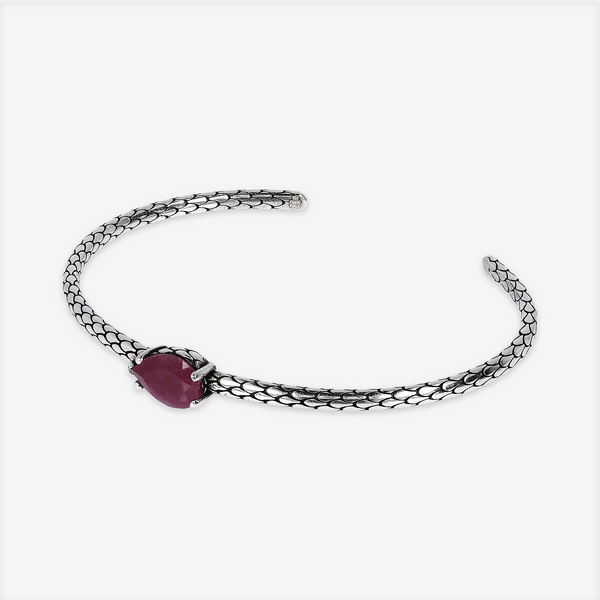 Bracciale Rigido in Argento 925 placcato Rodio Texture Sirena con Pietra Naturale a Forma di Goccia