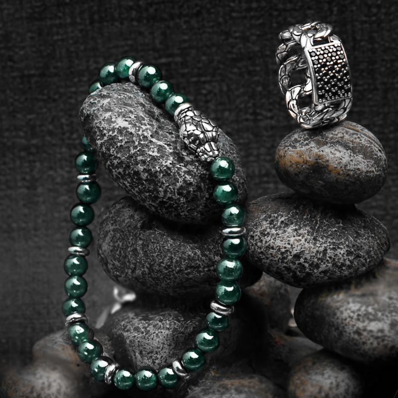 Bracciale Elastico con Pietre Naturali ed Elemento Testa Serpente in Argento 925