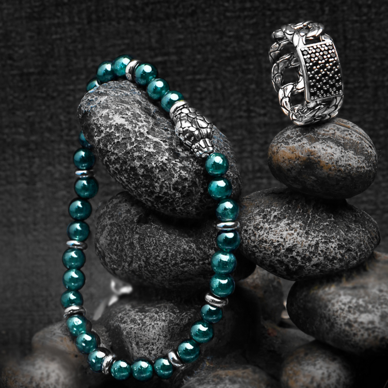 Bracciale Elastico con Pietre Naturali ed Elemento Testa Serpente in Argento 925
