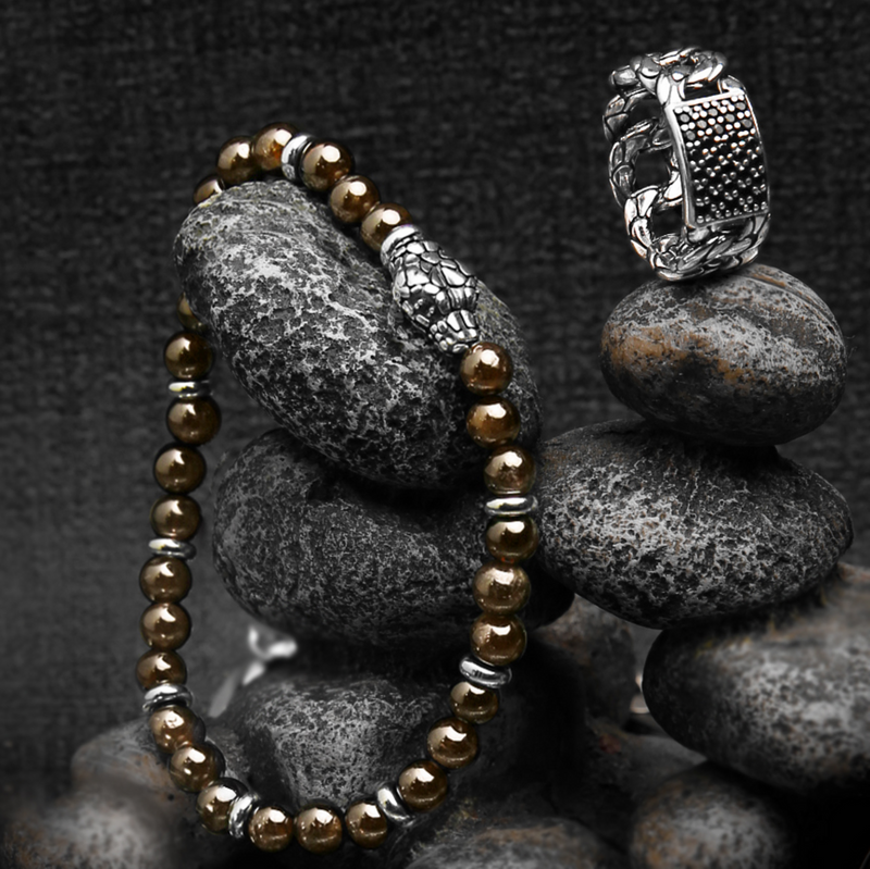 Bracciale Elastico con Pietre Naturali ed Elemento Testa Serpente in Argento 925
