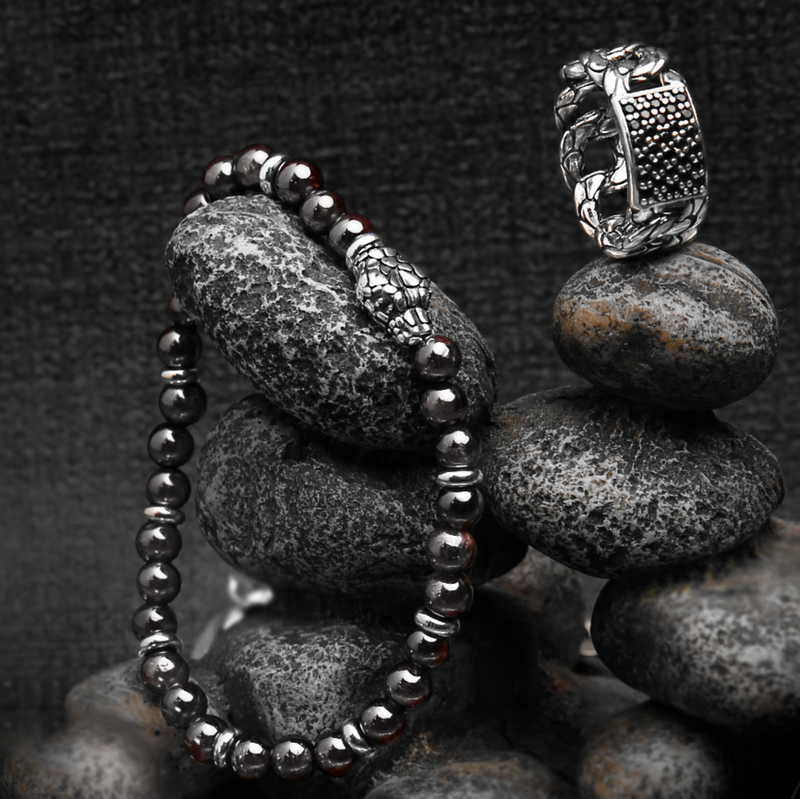 Bracciale Elastico con Pietre Naturali ed Elemento Testa Serpente in Argento 925