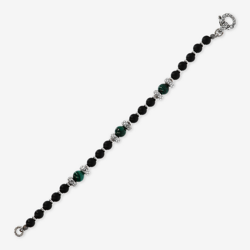 Bracciale con Rondelle Texture Sirena e Pietre Naturali Onice e Malachite in Argento 925