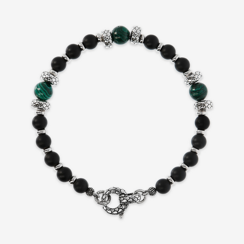 Bracciale con Rondelle Texture Sirena e Pietre Naturali Onice e Malachite in Argento 925