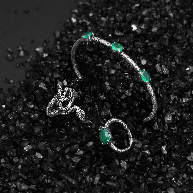 Anello Serpente Texture con Pietra Naturale Agata Verde in Argento 925