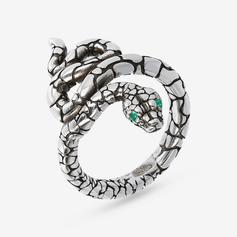 Anello Serpente Texture con Pietra Naturale Agata Verde in Argento 925