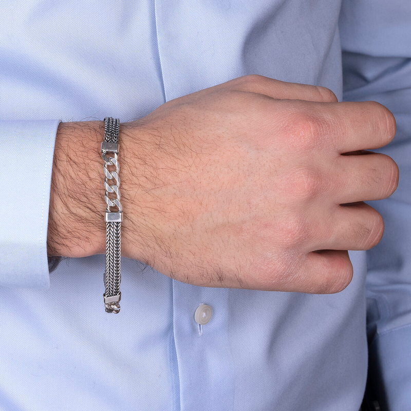Bracciale con Catena Grumetta e Doppia Catena Spiga in Argento 925