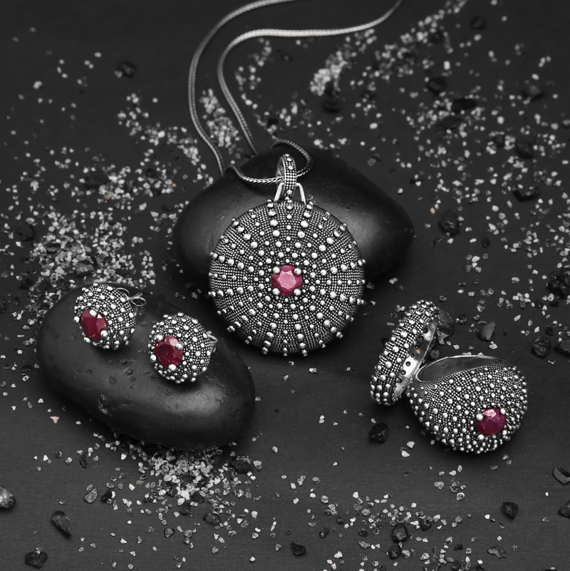 Orecchini a Lobo Texture Riccio di Mare con Pietra Naturale in Argento 925