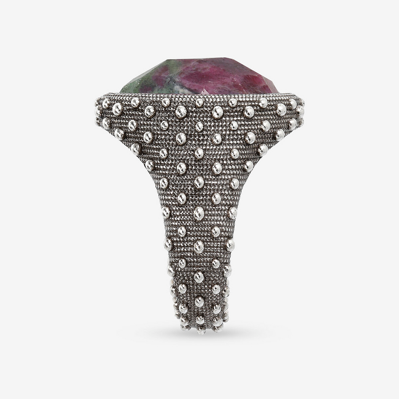 Anello Chevalier Texture Riccio di Mare con Pietra Naturale Ovale Sfaccettata in Argento 925