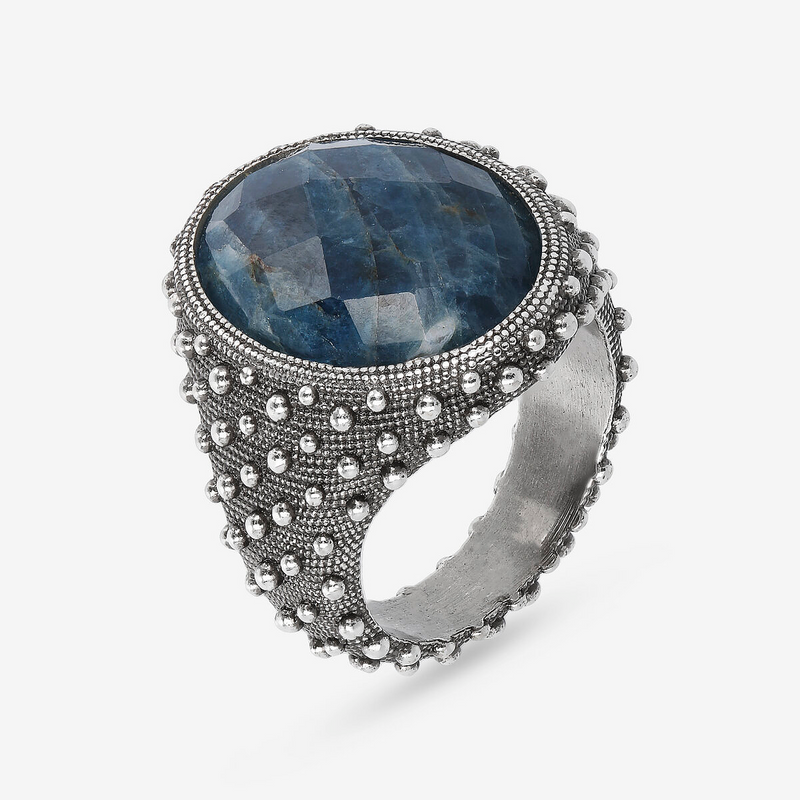 Anello Chevalier Texture Riccio di Mare con Pietra Naturale Ovale Sfaccettata in Argento 925
