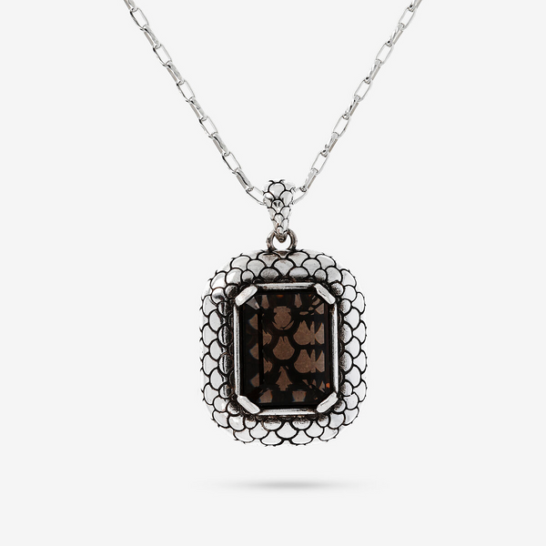 Collana con Catena Forzatina e Pendente Rettangolare con Texture Sirena e Quarzo Marrone in Argento 925
