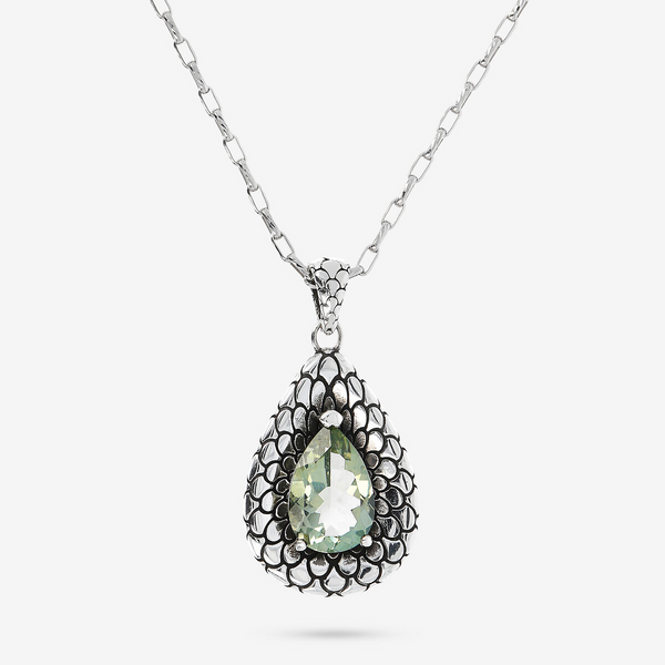 Collana con Catena Forzatina e Pendente a Goccia con Texture Sirena e Ametista Verde in Argento 925