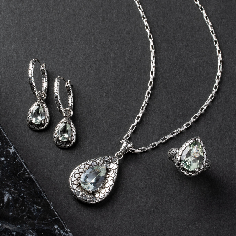 Anello Cocktail Texture Sirena con Pietra Naturale Ametista Verde in Argento 925