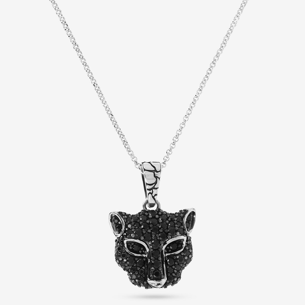 Collana in Argento 925 placcato Rodio con Catena Rolo e Pendente Pantera con Pavé in Spinello Nero