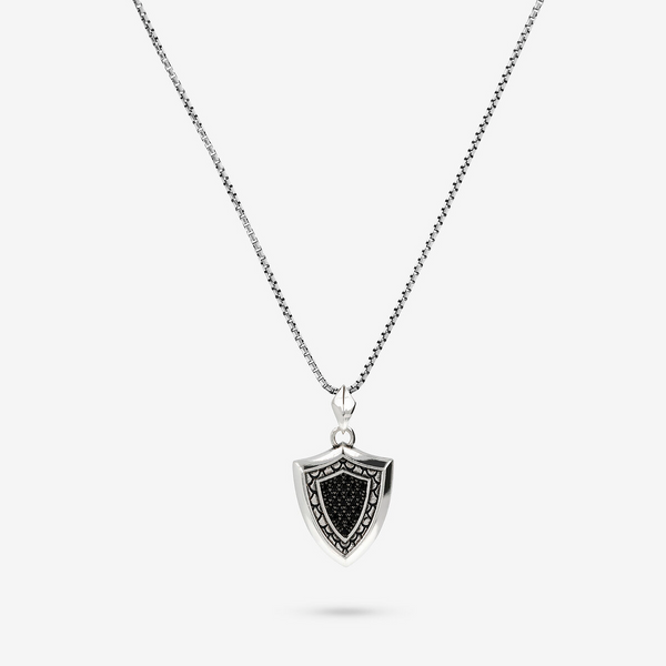 Collana Catena Veneziana in Argento 925 placcato Rodio con Pendente Scudo Texture Sirena e Pavé di Spinelli Neri in Argento 925