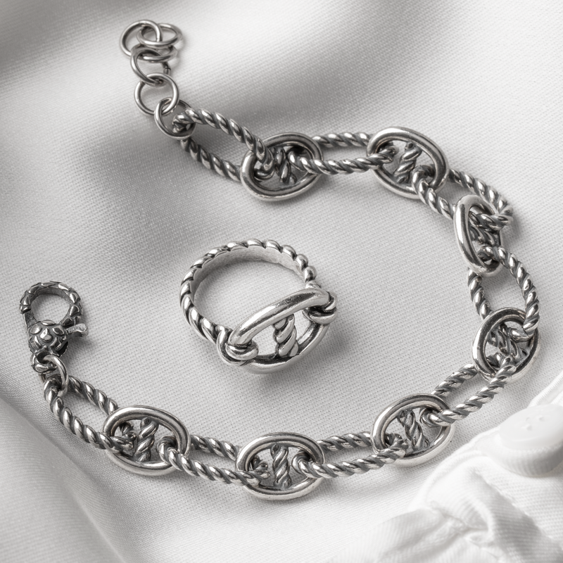 Anello Cocktail Texture Corda con Maglia Marina in Argento 925