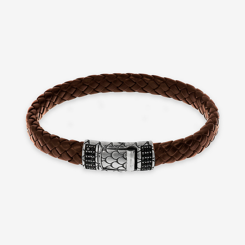 Bracciale in Cuoio Intrecciato con Chiusura Texture e Pavé in Spinello Nero in Argento 925