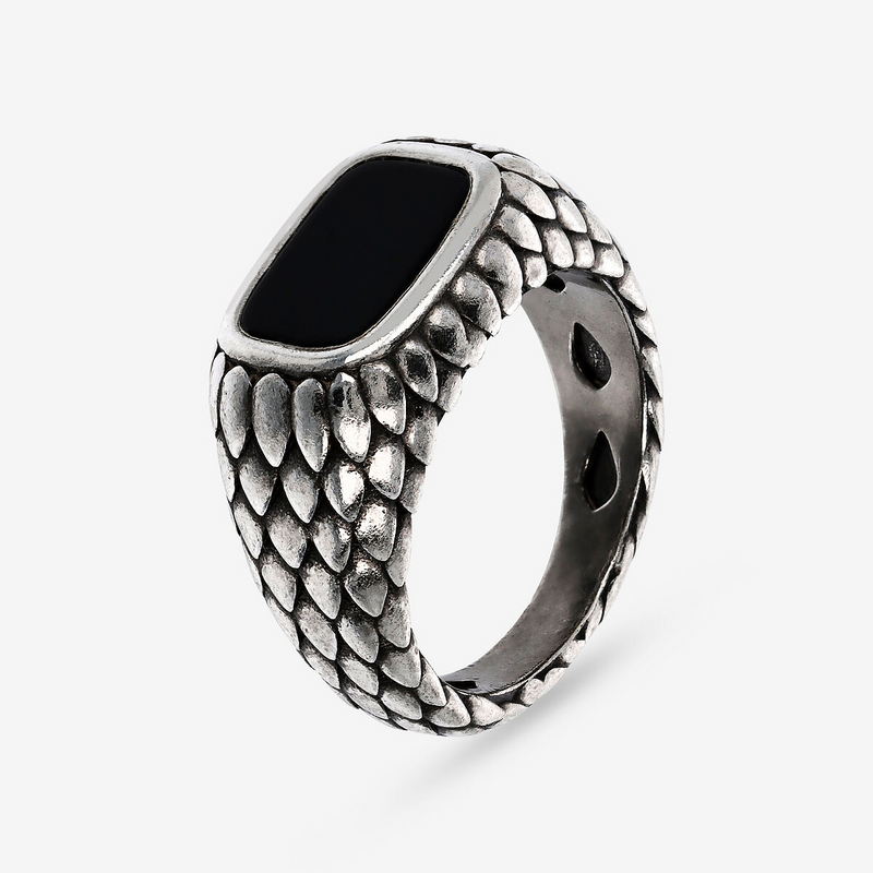 Chevalier Ring with Rectangular Natural Stone and Dragon Texture 