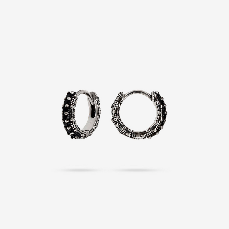 Sea Urchin Texture Hoop Earrings with Black Spinel or Cubic Zirconia
