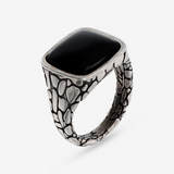 Rectangular Texture Chevalier Ring with Black Onyx