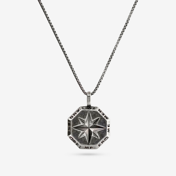 Collana Catena Veneziana con Pendente Ottagonale Rosa dei Venti in Argento 925