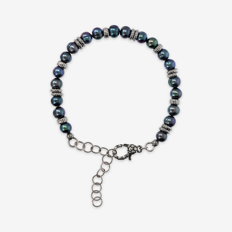 Bracciale con Rondelle Texture Rigata e Perle Grigie Cerchiate d'Acqua Dolce Ø 6/7 mm in Argento 925