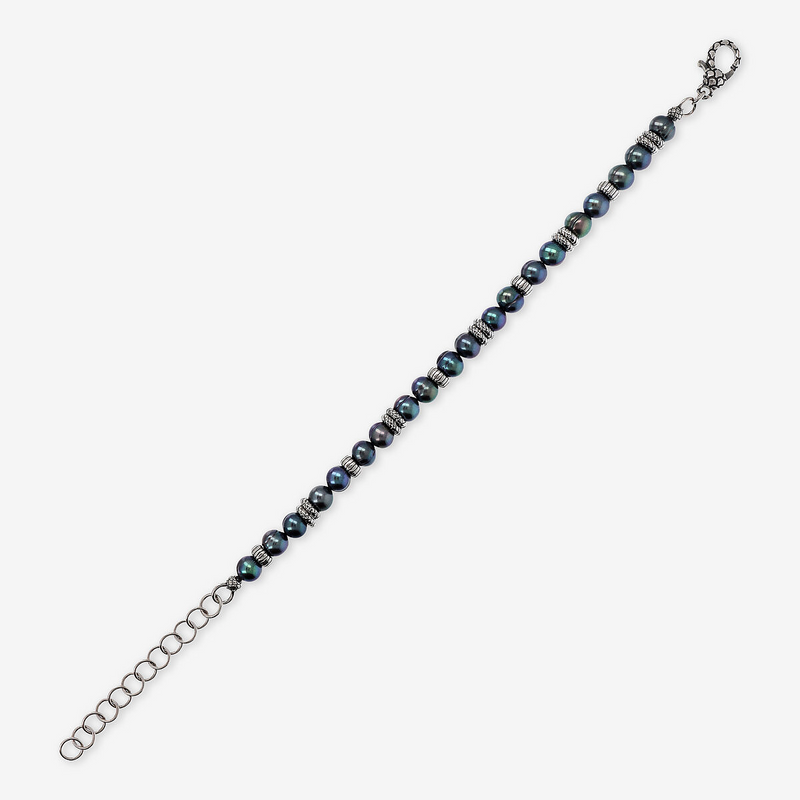 Bracciale con Rondelle Texture Rigata e Perle Grigie Cerchiate d'Acqua Dolce Ø 6/7 mm in Argento 925