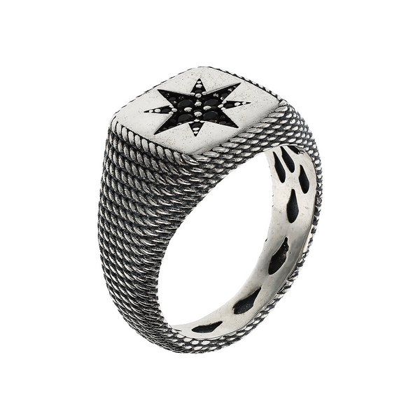 Texture Chevalier Ring with Compass Rose in Black Spinel Pavé