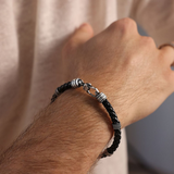 Braided Black Faux Leather Bracelet with Texture Rondelle