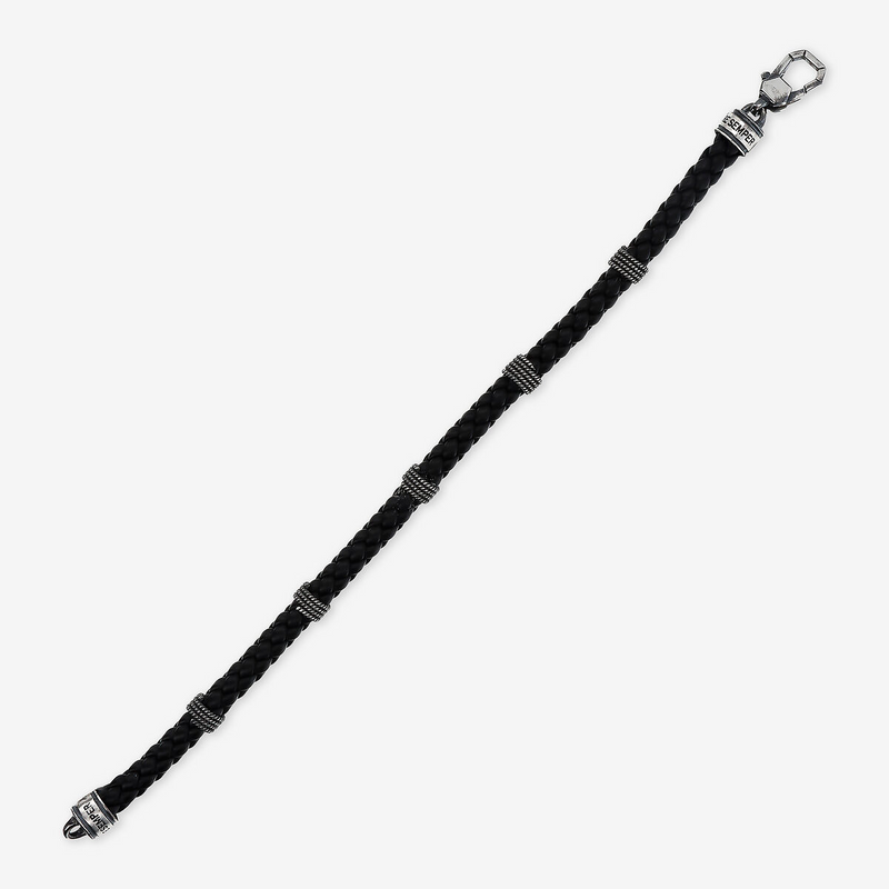 Braided Black Faux Leather Bracelet with Texture Rondelle